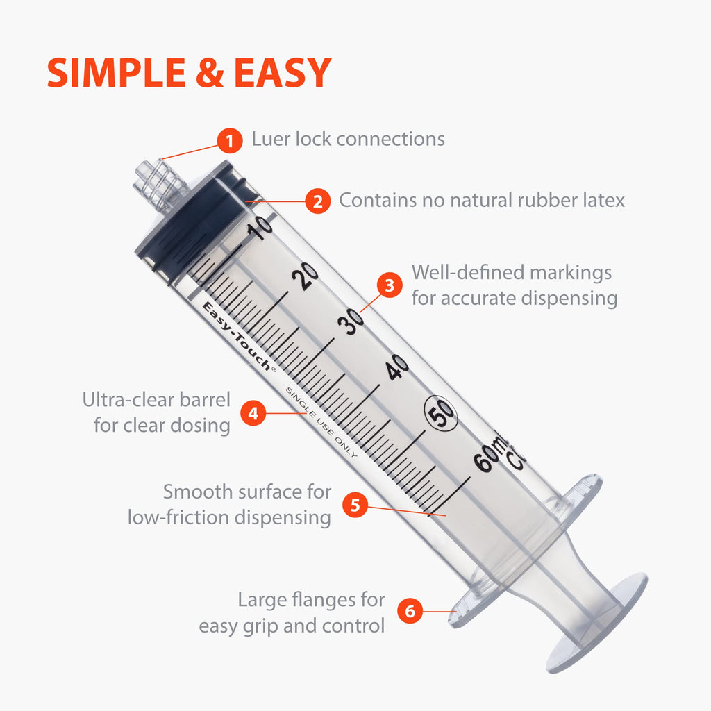 Easy Touch Luer-Lock Syringe Barrel, 60ML Syringe, Pack of 40