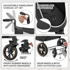 MoNiBloom Pet Stroller for Large Dogs or Multiple Dogs Cats with Adjustable Handle, 3-Wheels Dual Entry Portable Dog Carting Easy Folding Pet Wagon Double Dog Stroller up to 55 lbs, Black