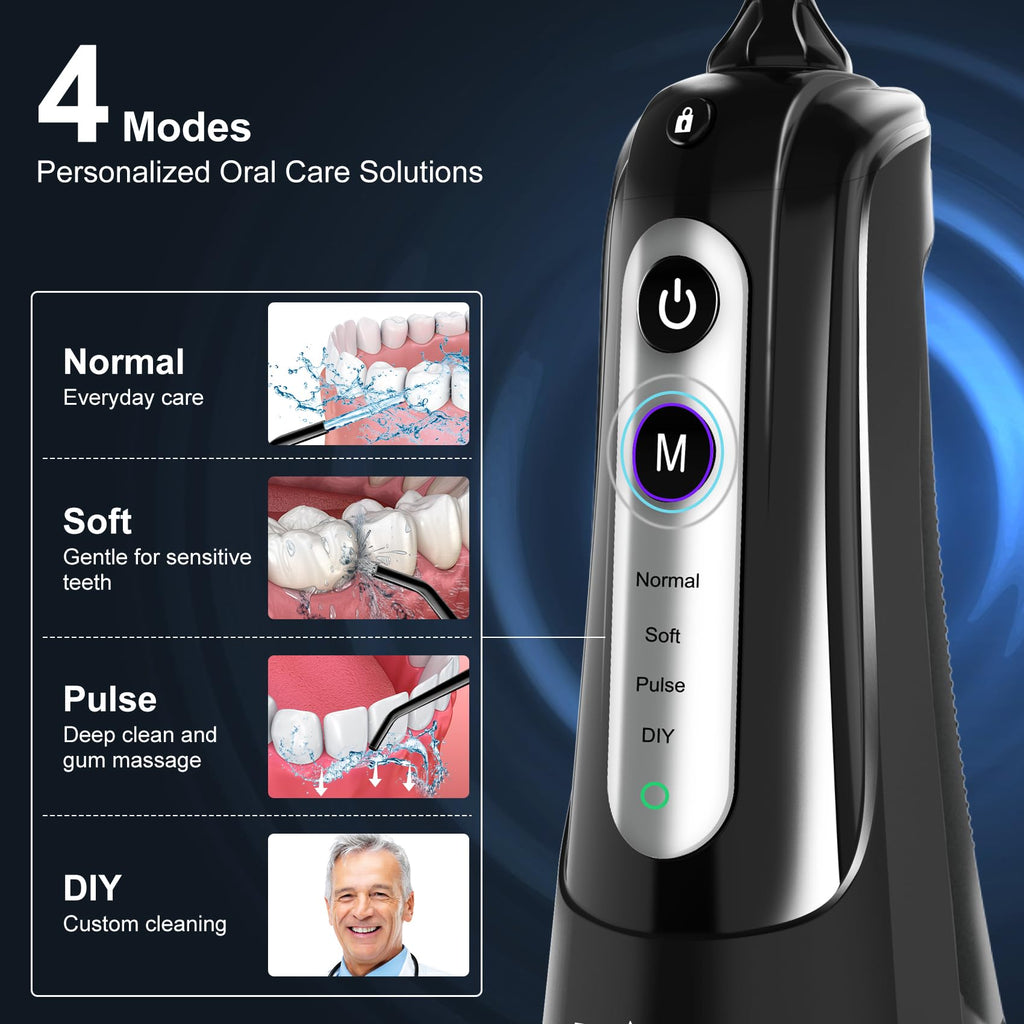 Water Dental Flosser Pick for Teeth: 4 Modes Cordless Portable Water Flossers Teeth Cleaner Rechargeable 300ML IPX7 Waterproof Oral Irrigator Flossing Cleaning Picks for Home Travel