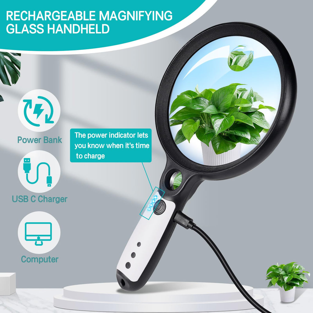 Large Magnifying Glass with 37 LED Light, 10X 20X 45X Handheld Illuminated Lighted Magnifier with 3 Light Modes Rechargeable Magnifying Glass for Seniors Reading, Inspection (Black & White)