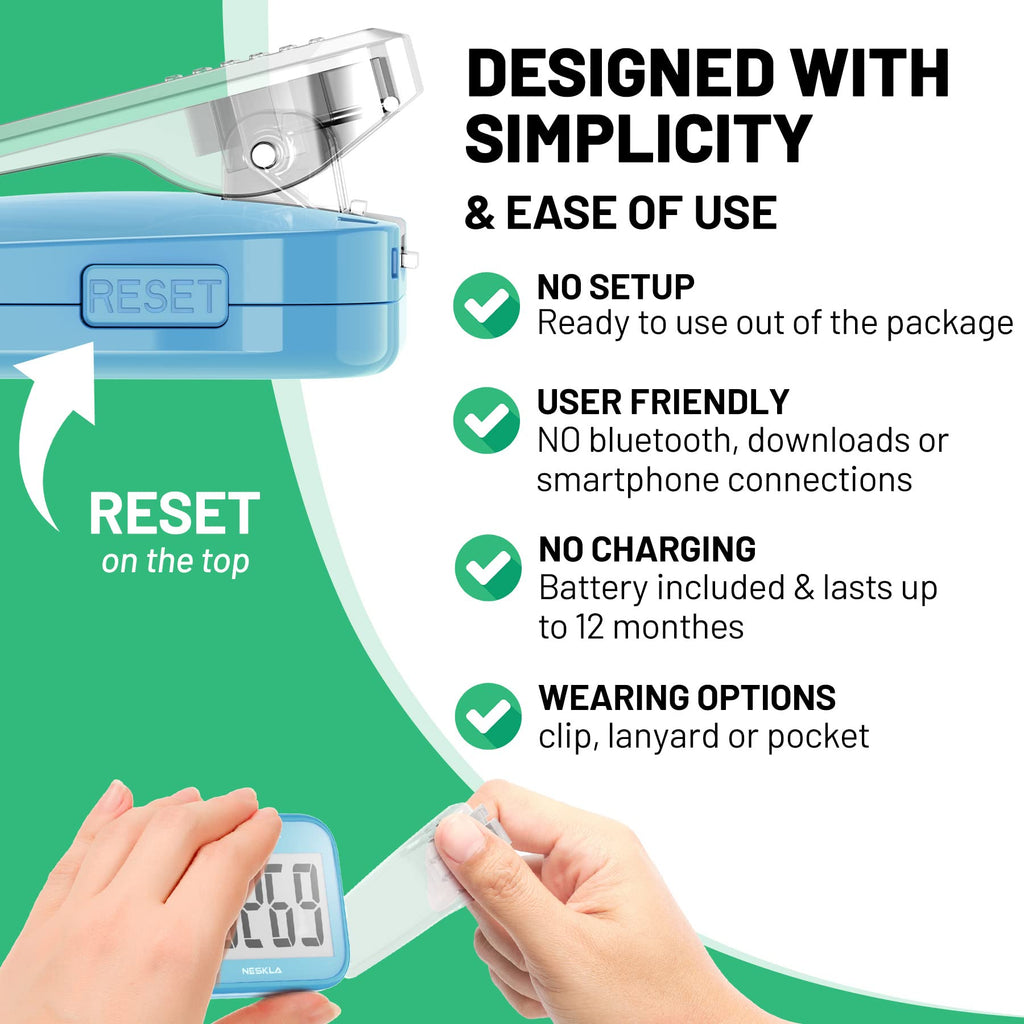 NESKLA 3D Pedometer for Walking, Simple Step Counter with Large Digital Display, Step Tracker with Removable Clip Lanyard, Accurately Track Steps for Men Women Kids Adults Seniors
