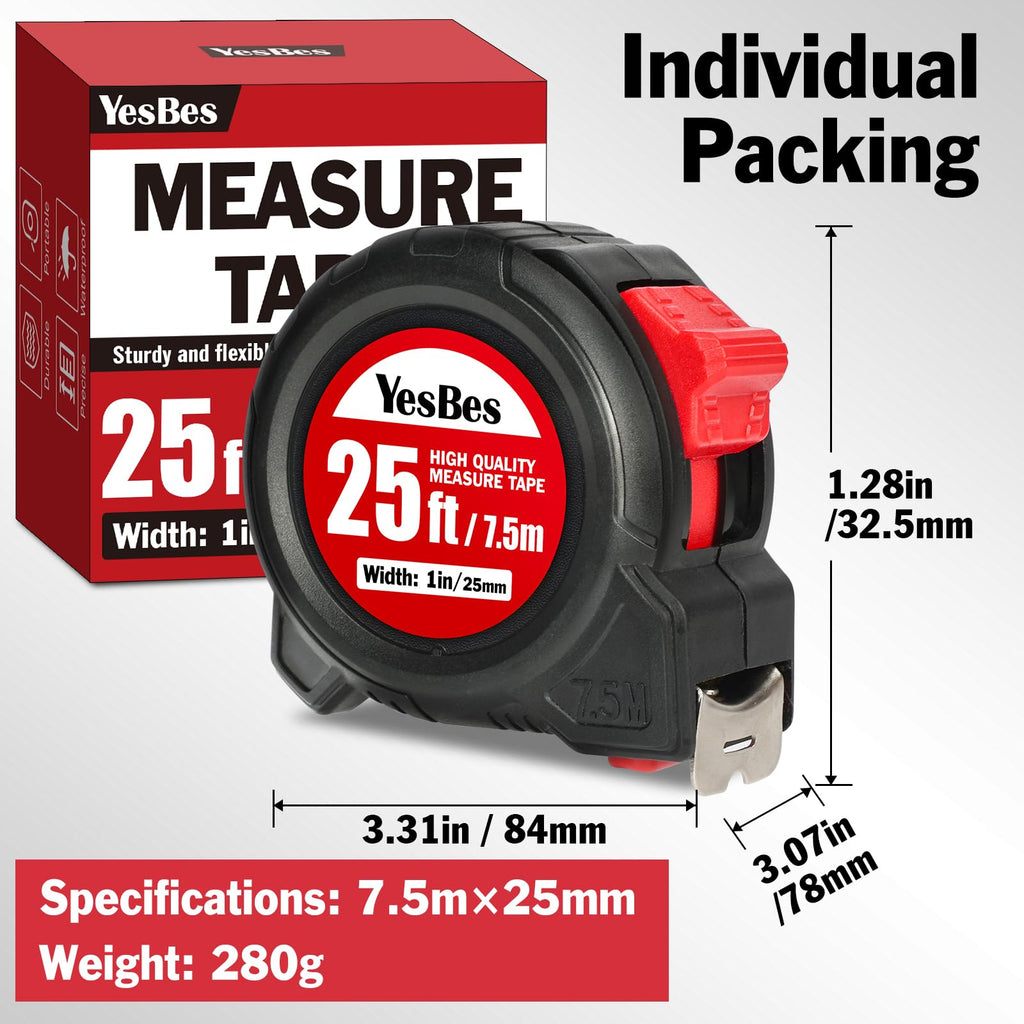 Tape Measure 25 ft, 10 Pack Bulk Easy Read Measurement Tape, Self-Locking Measuring Tape Retractable 25 FT by 1 in