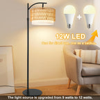 DRAWNCAT Rustic Black Farmhouse Floor Lamp with Woven Rattan Shade - 12W LED, Remote & Dimmable 3-Color Temp, Tall Standing Lamp for Living Room