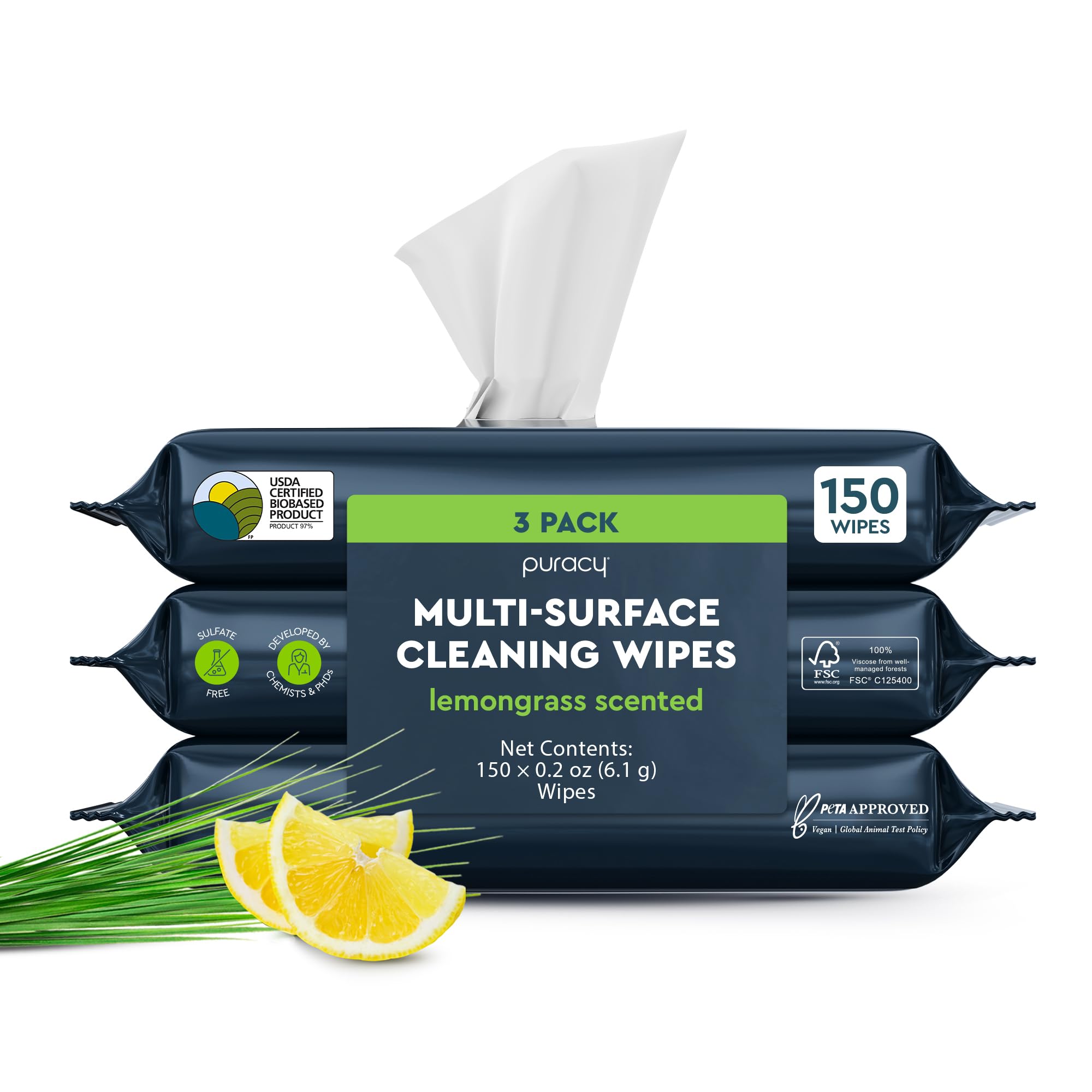 Puracy Multi-Surface Cleaning Wipes – Non Toxic Multi Surface Cleaner for Grease & Grime, All Purpose Appliance Wipes, Lemongrass Scent (10.8 oz, 3 Pack, 150 Count)