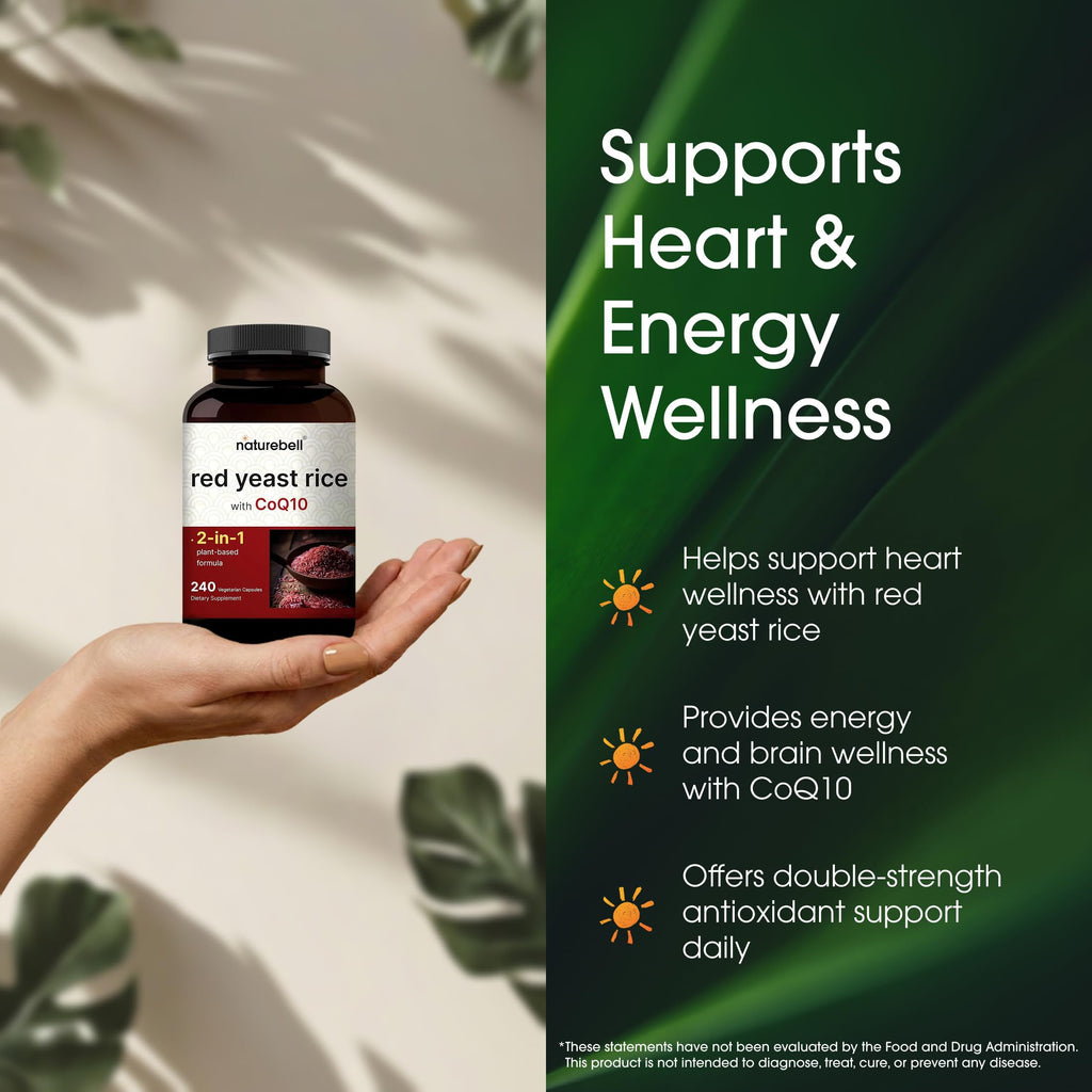 NatureBell Red Yeast Rice with CoQ10-240 Vegetarian Capsules - for Heart Health, Energy Support, Brain Wellness & Antioxidant Support*