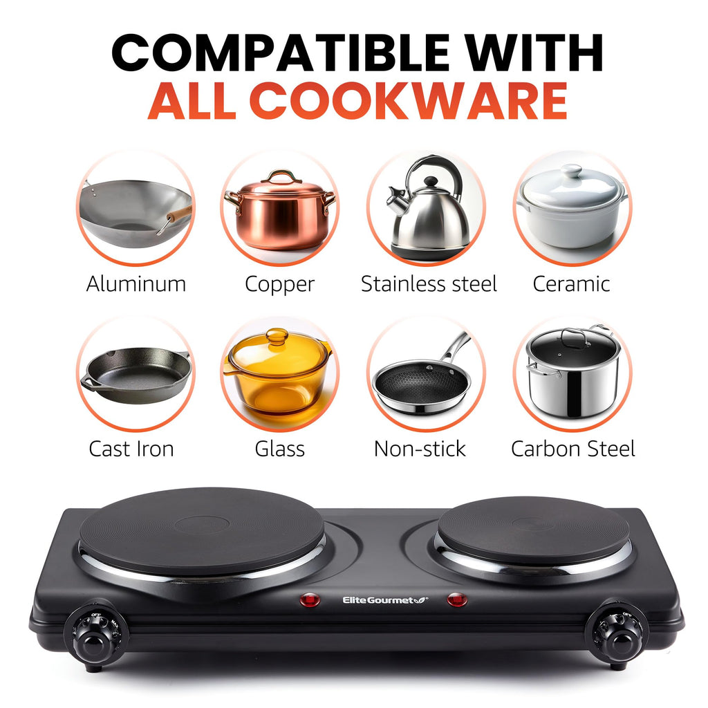 Elite Gourmet Double Cast Iron Burner, 1500W Hot Plate, Adjustable Temp