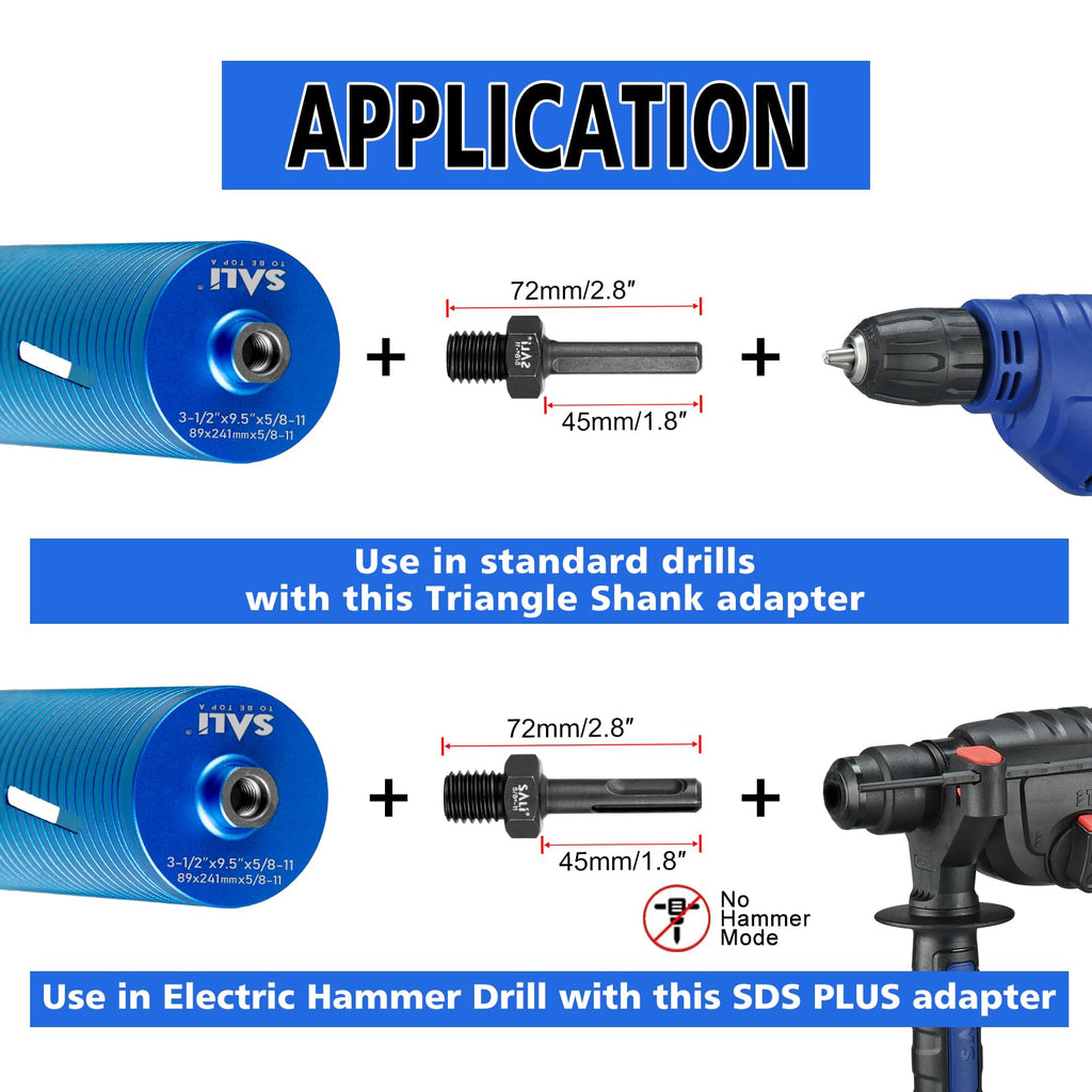 SALI Diamond Core Drill Bits 1 1/2" Diameter 10"/254mm Drilling Depth 5/8-11" Thread Core Bit Turbo Laser-Welded Segments for Cured Concrete with Brick, Block, Masonry, with Two Adapters
