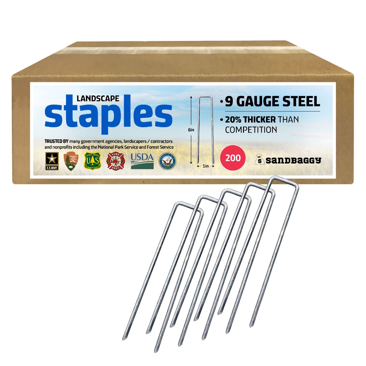 Sandbaggy 6 inch Landscape Sod Staples (9 Gauge Steel) ~ Great for Hard Soil - 20% Thicker Than Competition - Trusted by Farmers & Contractors Across USA (200 Staples)