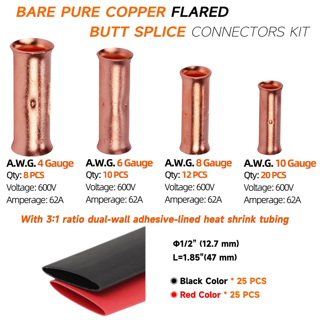 SVAAR 100PCS Flared Open Butt Connectors Kit 4/6/8/12-10 Gauge Butt Splice Connector Non-Insulated Butt Connectors Crimp Pure Copper 50PCS Seamless Barrel Wire Splice Terminals +50PCS 3:1 Heat Shrinks