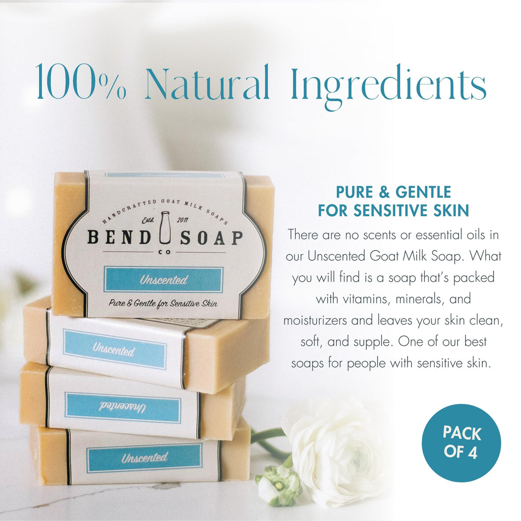 Bend Soap Company All Natural Handmade Goat Milk Soap for Dry Skin Relief, Unscented, 18 Oz, Pack of 4