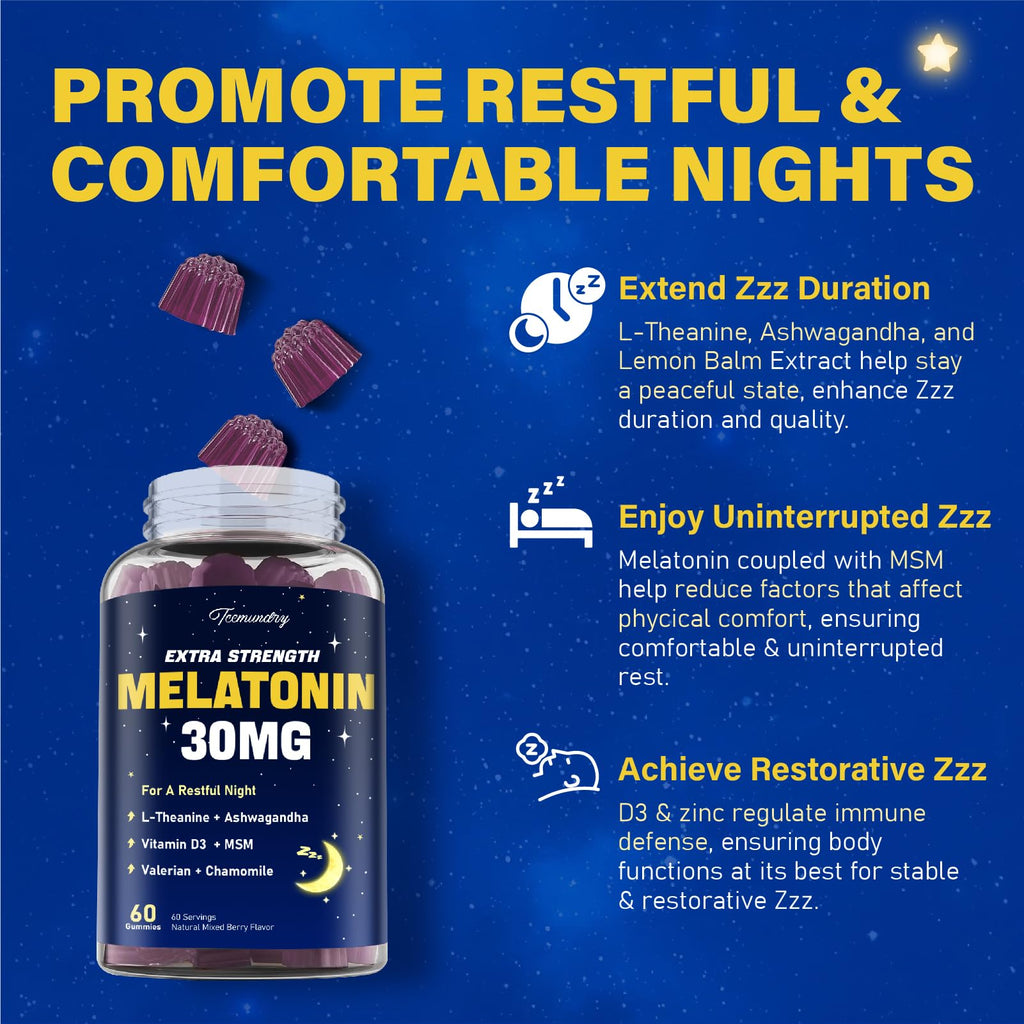 Melatonin Gummies 30mg for Adults: Maximum Strength Melatonin Supplement with L-Theanine, Ashwagandha, MSM, Vitamin D3 & Zinc - Non-Habit Forming, Natural Mixed Berry Flavor 60 Count (Pack of 2)