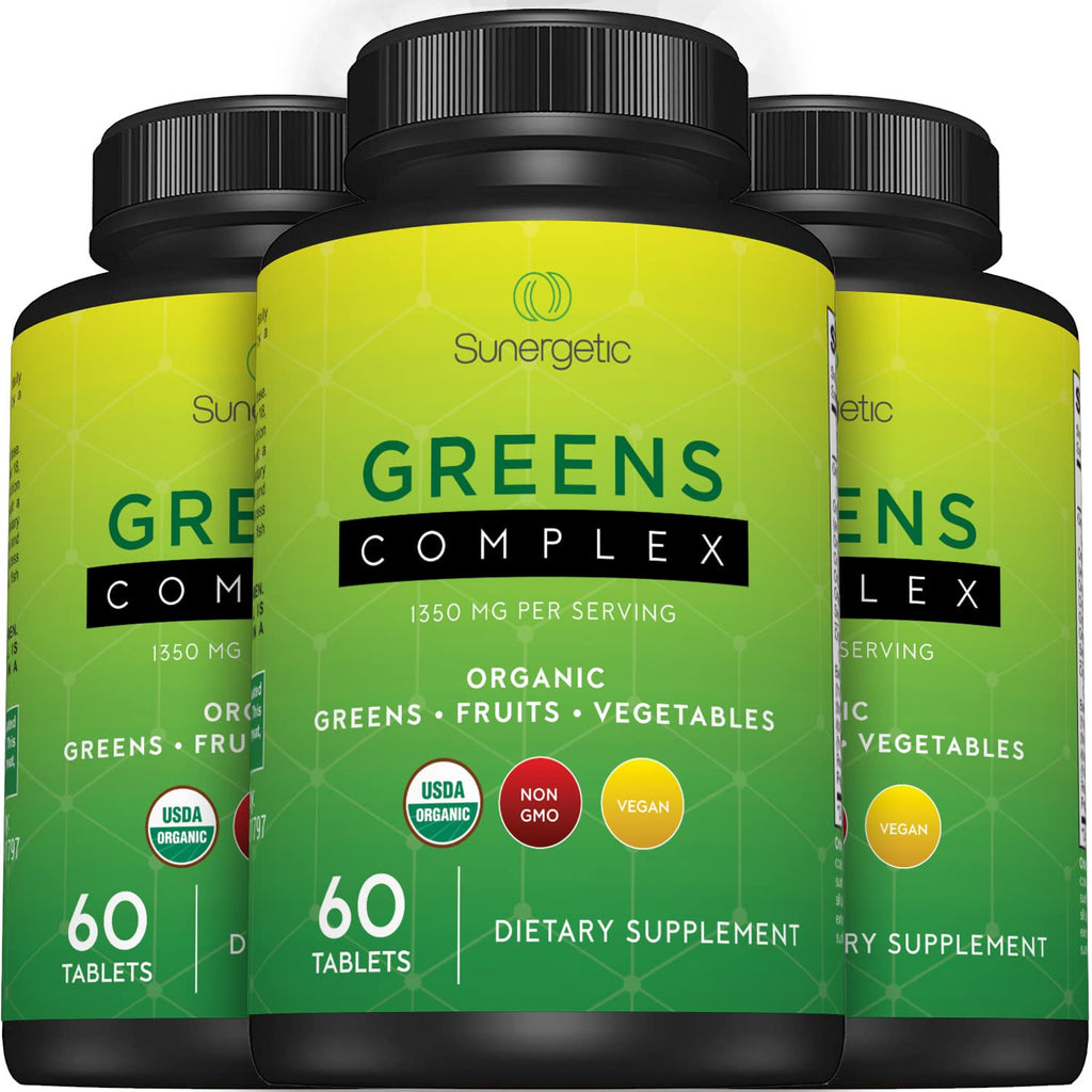 Sunergetic Premium USDA Organic Greens Superfood Tablets – Greens Superfood Powder Includes Veggies, Fruits & Polyphenols – Daily Greens Superfood Powder Supplement– 60 Greens Tablets
