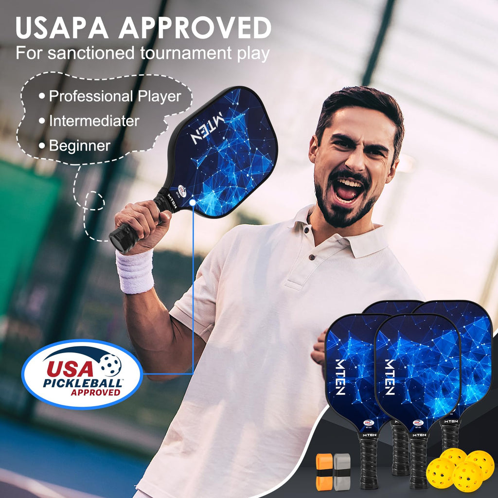 MTEN Pickleball Paddles, USAPA Approved Fiberglass Surface Pickleball Set of 4 Pickleball Rackets, Pickle Ball Paddle Set for Beginners & Pros