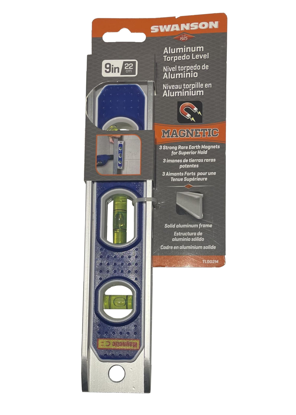 Swanson Tool Co TL002M 9-Inch Magnetic Die Cast Aluminum Torpedo Level with 3 Bubble Vials for 0°/90°/45° Measurements