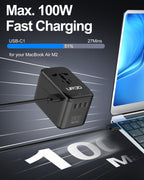 URJD Universal Travel Adapter 100W GaN Fast Charger in One, 5 USB Ports & 2500W AC Outlet, International Power Adapter for Europe UK US 200+ Countries, Compatible for MacBook iPhone iPads Laptop Phone