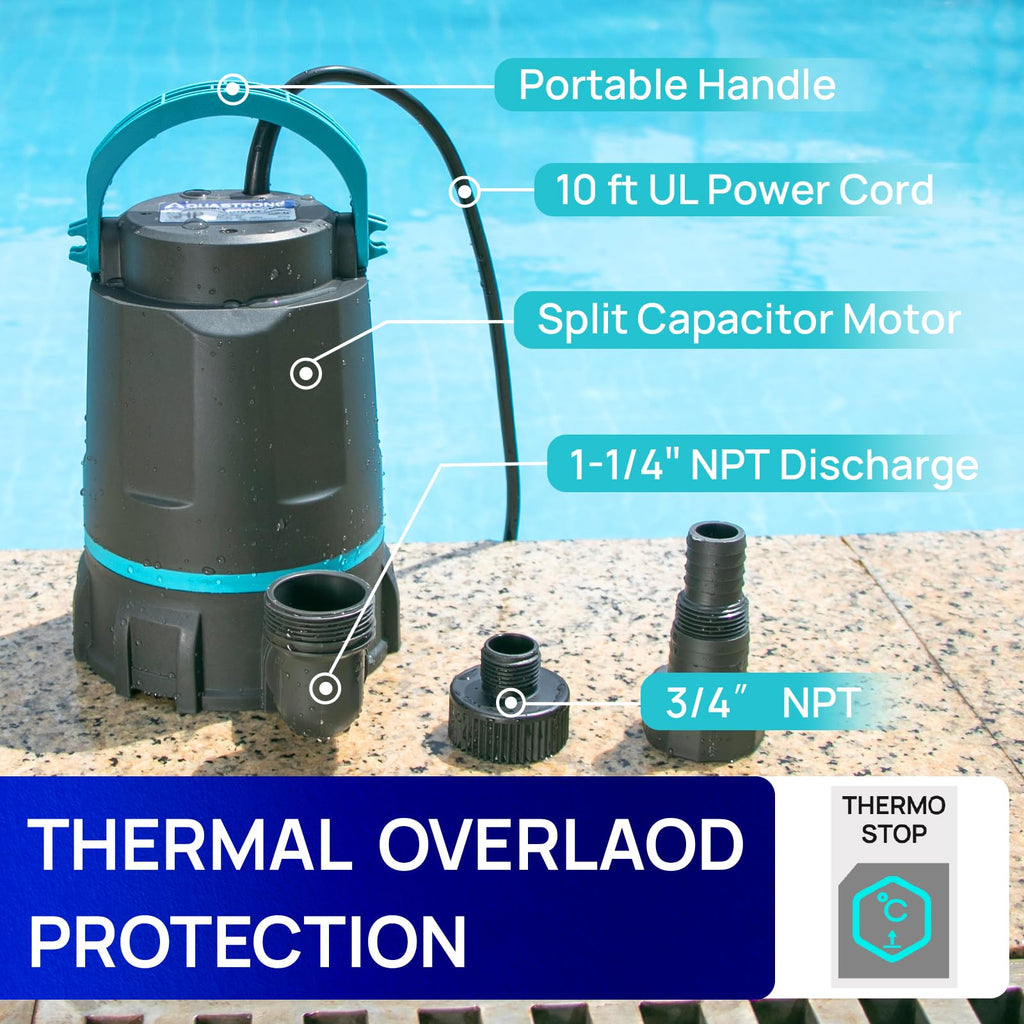 Aquastrong Sump Pump 1/2 HP Submersible Water Pump Thermoplastic Portable Utility Pump 3159 GPH High Flow Water Removal for Swimming Pool Garden Pond Basement Window Wells with 10ft Long Power Cord