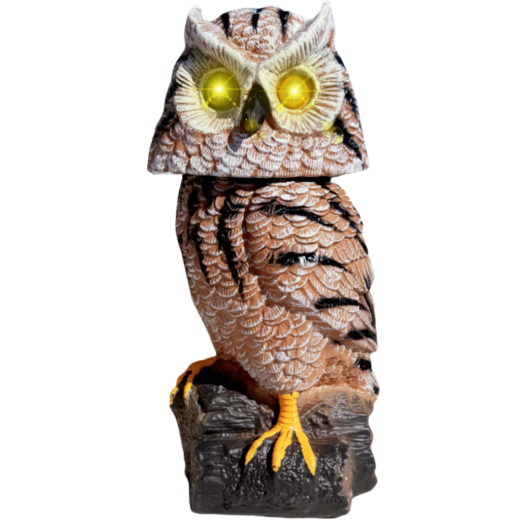 Owlsome Solar Tiger Owl with Flashing Eyes, Rotating Head, Hoot Sound, Motion Detector and Silent Mode, Plastic Owl Garden Sculpture, Garden Decoration