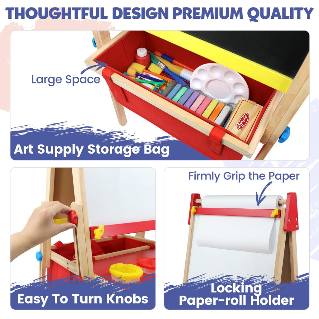 Art Easel for Toddlers Kids, Adjustable Standing Art Easel with Magnetic Chalkboard & Whiteboard, Dry-Erase Board, Paper Roll, Drawing & Painting Easel for Kids Ages 3 4-8 9-12, Red w/Bag
