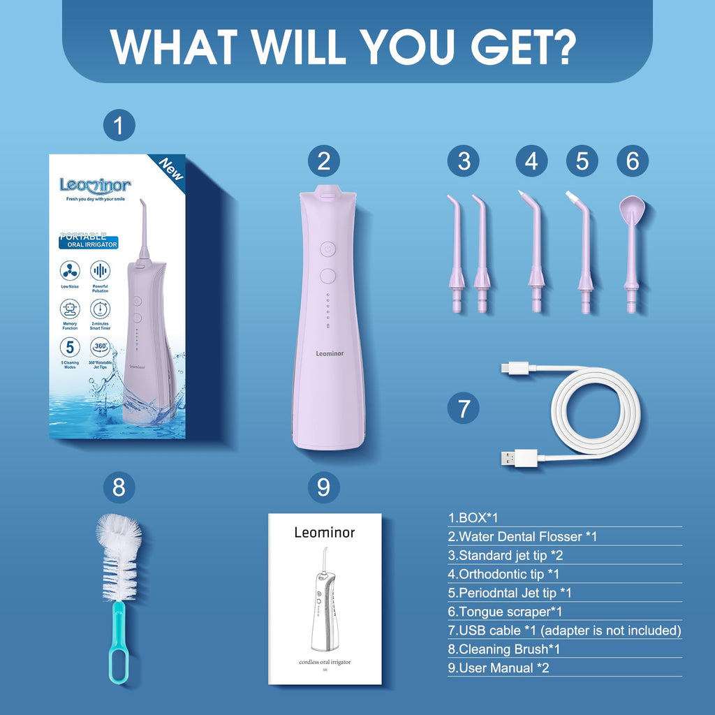 Leominor Water Dental Flosser - 5 Modes Cordless Oral Irrigator, IPX7 Waterproof, Rechargeable Teeth Cleaner Upgrade Datchable Tank Professional Flossing Cleaning Pick for Home Travel (Purple)
