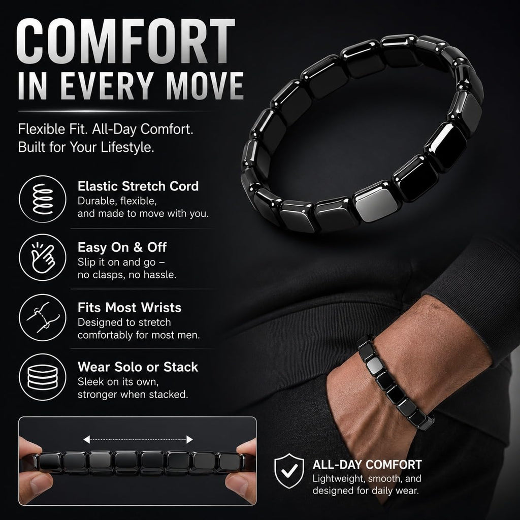 Hemios Hematite Bracelet for Men, Natural Stone Beads, Stretch Fit