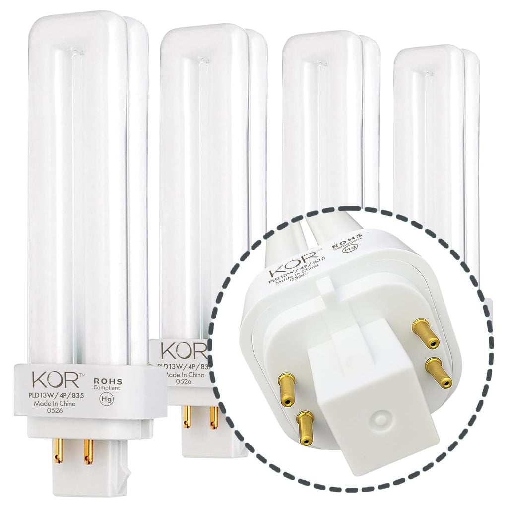 KOR (Pack of 4 13W CFL Double Tube Bulbs – G24Q-1 (4-Pin) Base – 3500K Soft White – Compatible Replacement for Sylvania CF13DD/E/835, Philips PL-C 13W/835/4P, GE F13DBX/835/ECO4P