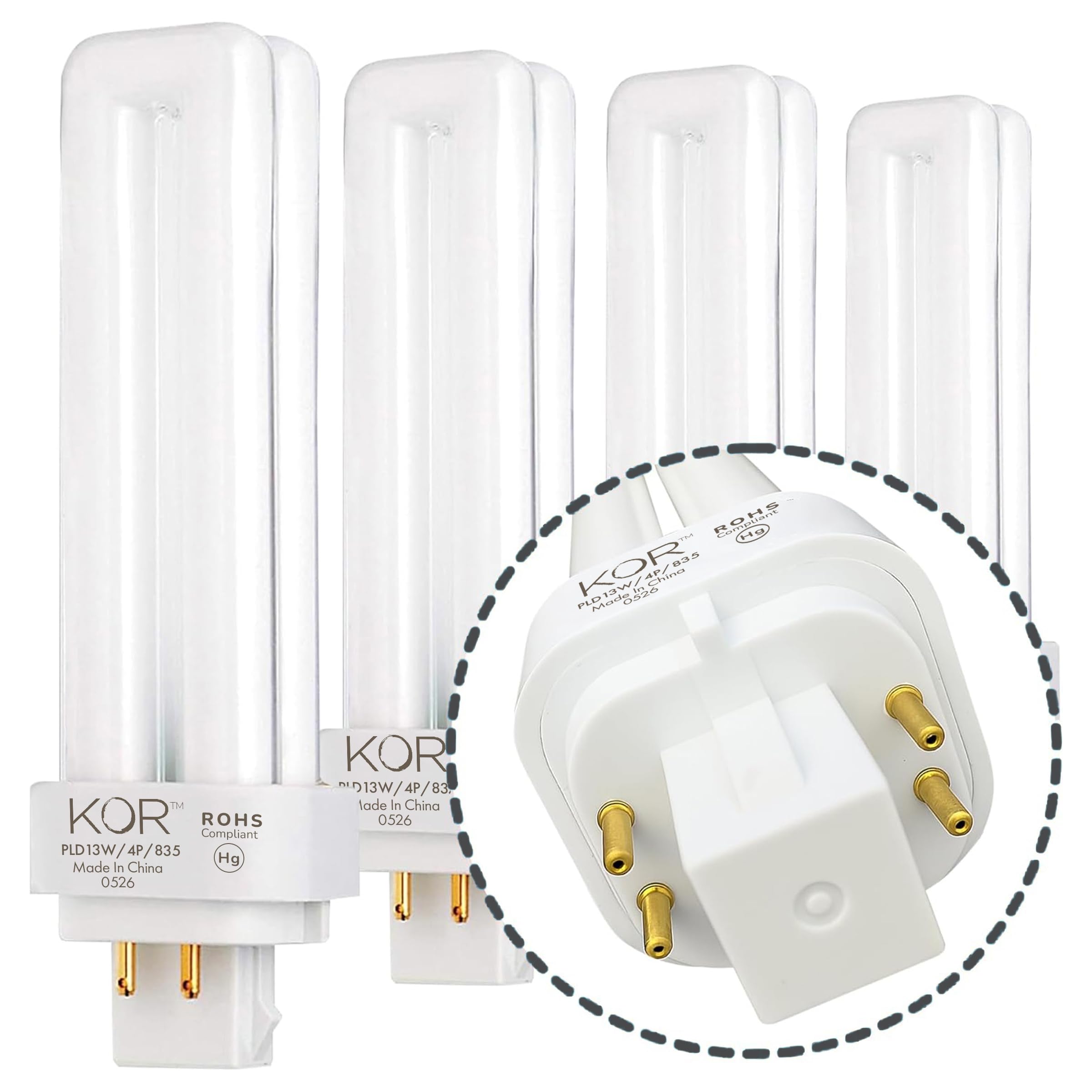 KOR (Pack of 4 13W CFL Double Tube Bulbs – G24Q-1 (4-Pin) Base – 3500K Soft White – Compatible Replacement for Sylvania CF13DD/E/835, Philips PL-C 13W/835/4P, GE F13DBX/835/ECO4P