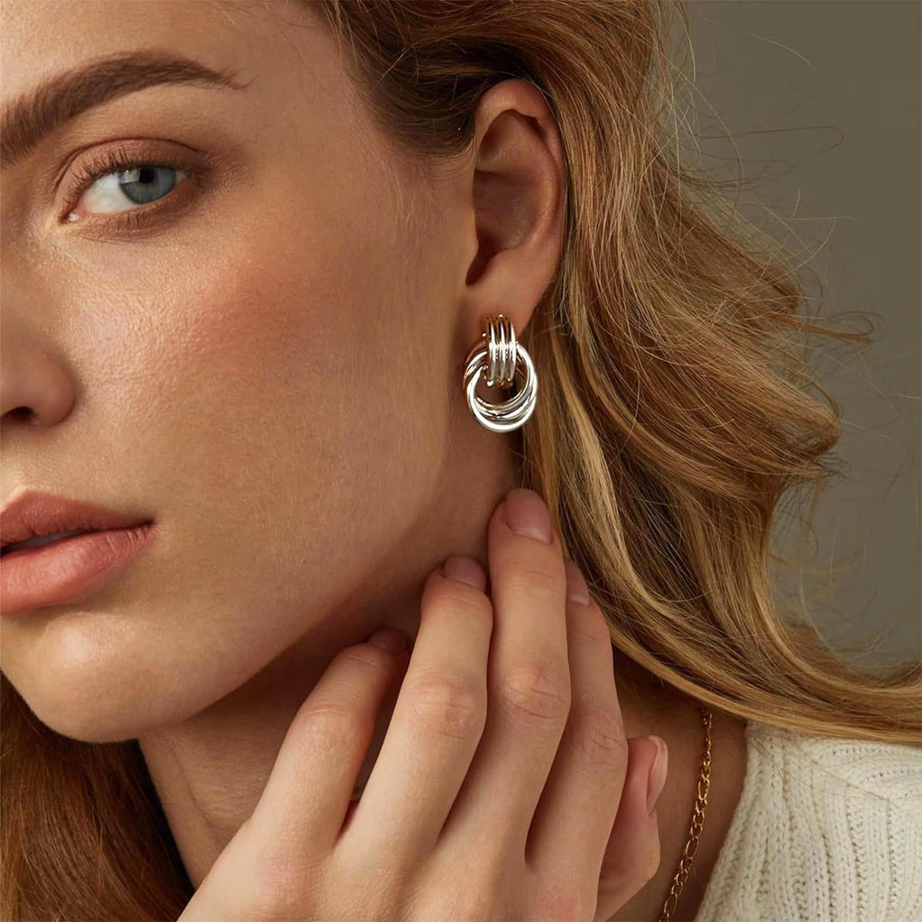 QJLE 6 Pairs Silver Dangle Earrings for Women Geometric Knot Statement Drop Earrings Lightweight Huggie Earrings Trendy Jewelry Gifts
