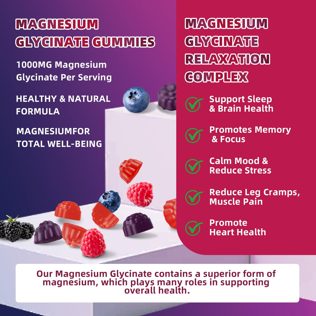 120 CT Magnesium Glycinate Gummies 1000 mg for Women and Men, Magnesium Malate & Taurate Supplements for Sleep, Body Support and Relaxation, Sugar Free, Vegan, Raspberry BlackBerry Blueberry Flavor