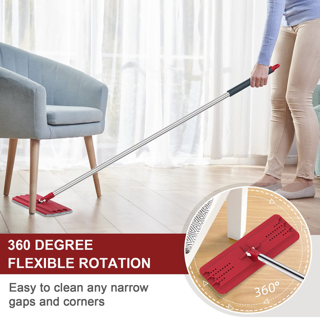 BOSHENG Hands-Free Mop and Bucket Set with 3 Washable Pads, Wet/Dry Floor Cleaning System, Red/Black