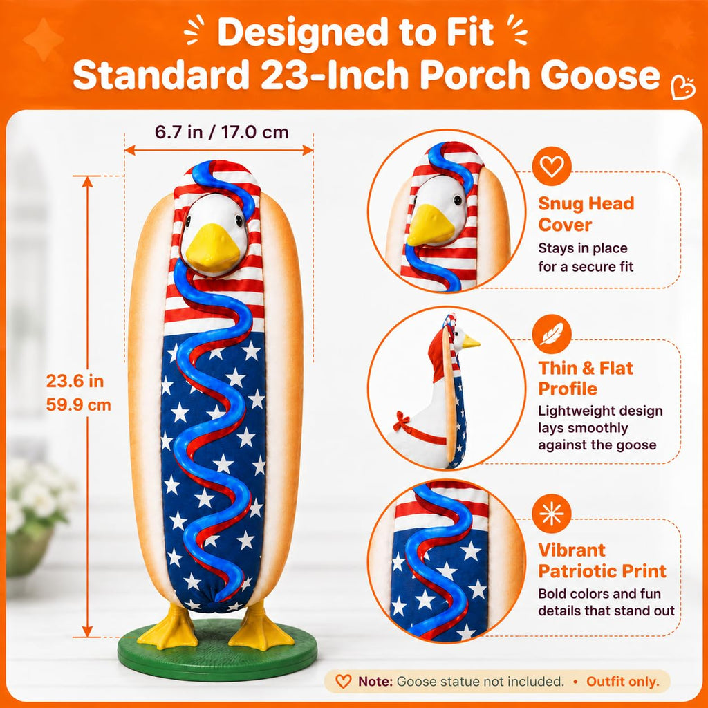 4th of July Porch Goose Outfit for 23" H 250th Anniversary Hot Dog Patriotic Goose Clothes American Flag Fits Independence Day Large Cement Statue Outdoor Patio Garden Yard Lawn Costume Decor