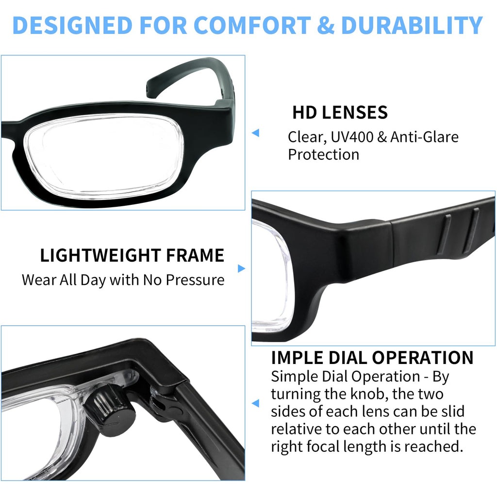 Ouolipraa Flex Focal Adjustable Glasses Dial Vision Reading Glasses Zoom Eyeglasses for Men Women One Power Auto Focus 0D to 400D Presbyopic Readers Variable Focus Eyewear Read Distance Near Far Sight