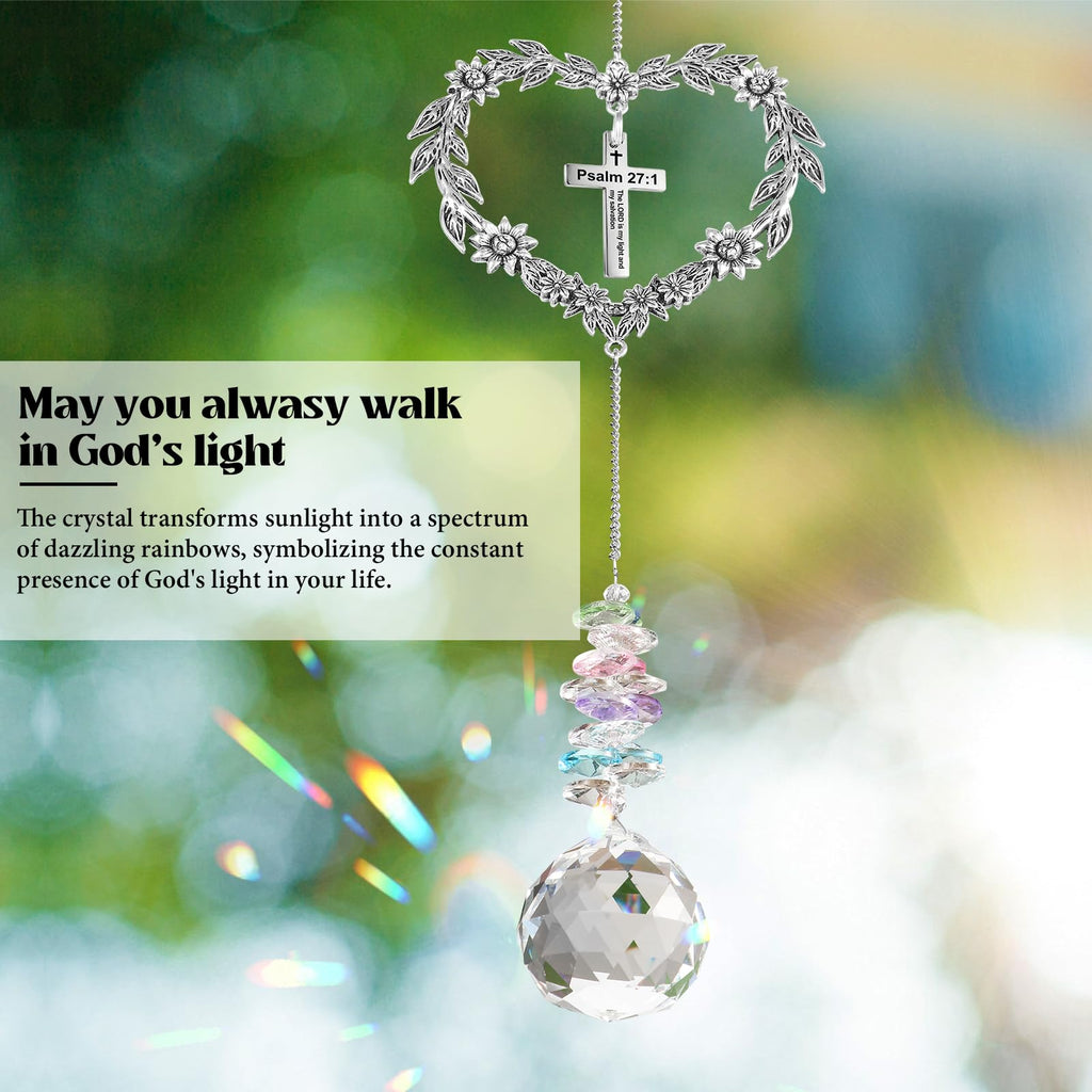 Elivida Christian Gifts for Women, Heart-Shaped Suncatcher with Cross - Religious Birthday Ornament with Scripture The Lord is My Light and My Salvation - Inspirational Catholic Spiritual Gifts