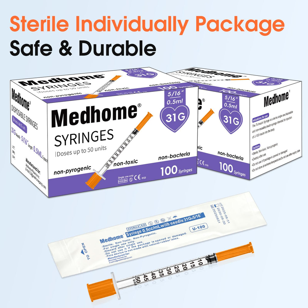 Medhome 0.5ml 31G 5/16inch Syringe, Individually Wrapped, Pack of 100