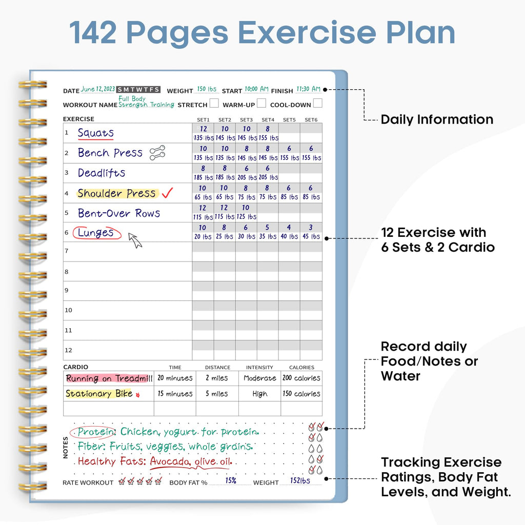Fitness Workout Journal for Women & Men, A5(5.5" x 8.2") Workout Log Book Planner for Tracking, Progress, and Achieving Your Wellness Goals-Sky Blue