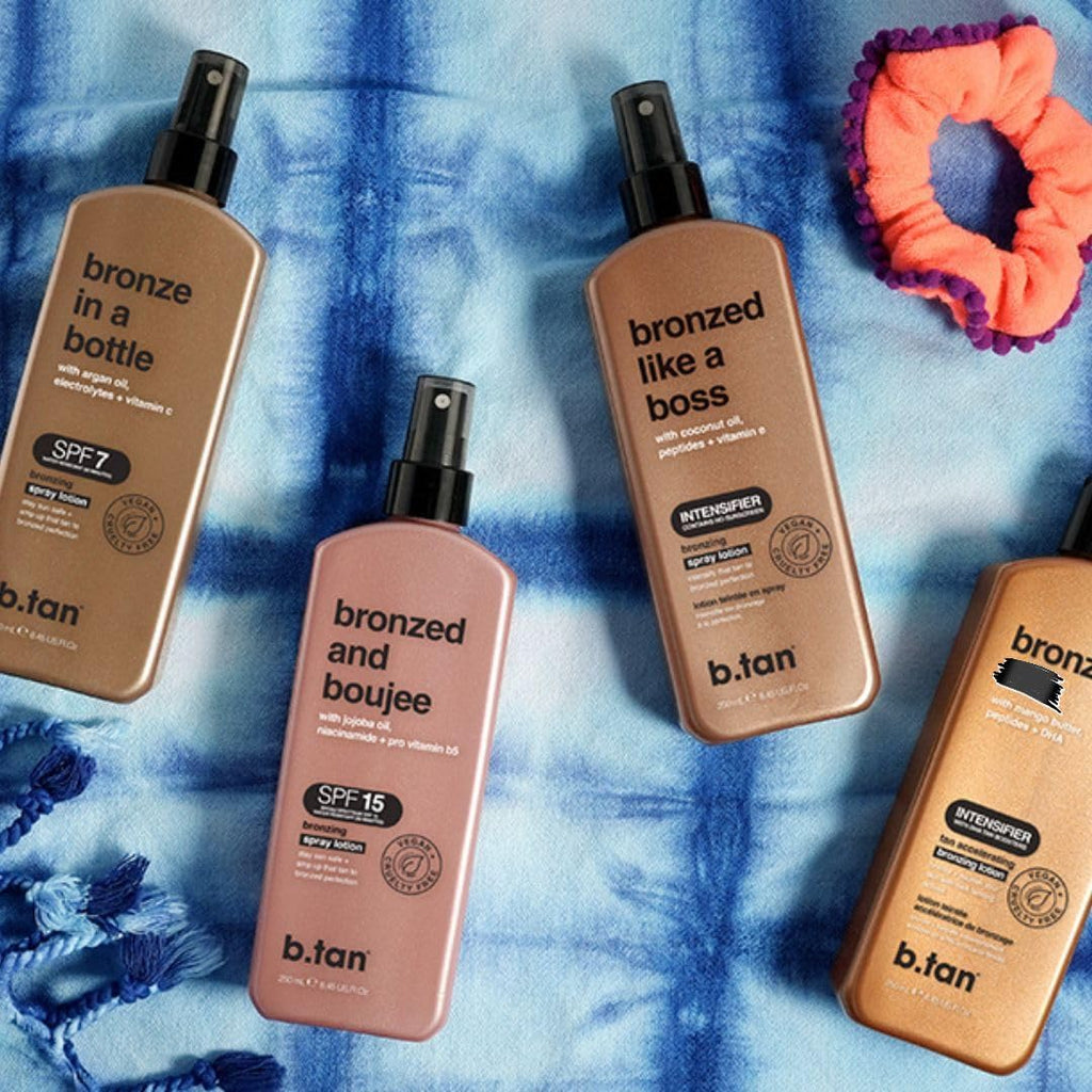 b.tan Tanning Oil & UV Tan Bed Lotion Kit | Best Dark Sun Tanner Bundle - Fast, Tinted, Indoor Outdoor Browning Accelerator Cream & Dark Bronzing Spray, Body Tan Extender, No Suntan Protection