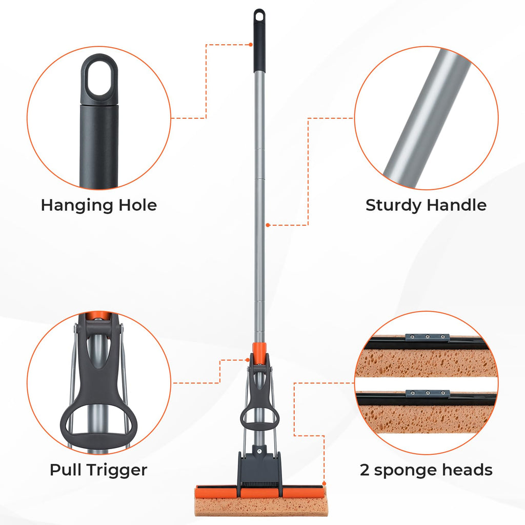 Sponge Mops for Floor Cleaning with 2 Cellulose Mop Head Refills and 55” Long Handle, Heavy Duty Roller Mop, Easy Self Squeeze for Hard Wood Tile Concrete Bathroom or Kitchen Floor Wall Ceiling