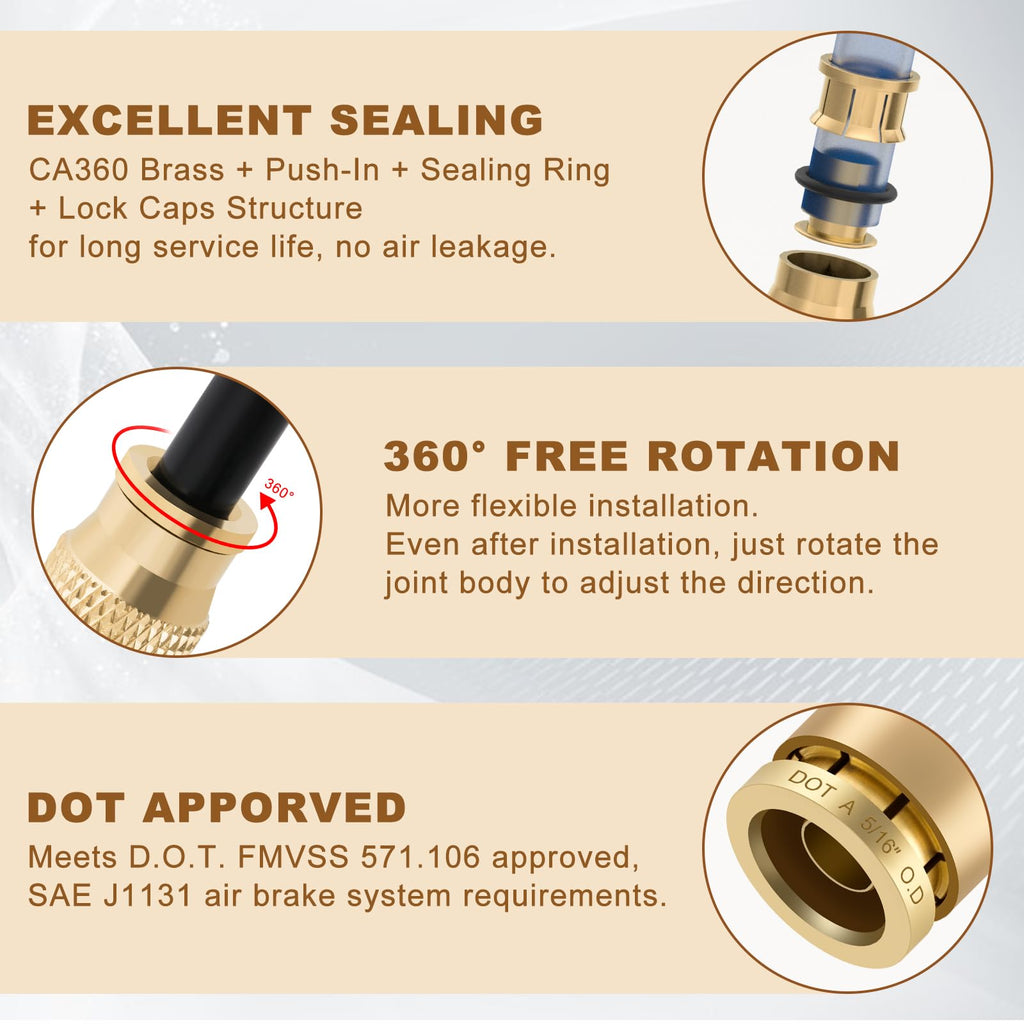 Boeray 5/16" Straight Brass Union, DOT Approved Air Line Connector 10PCS