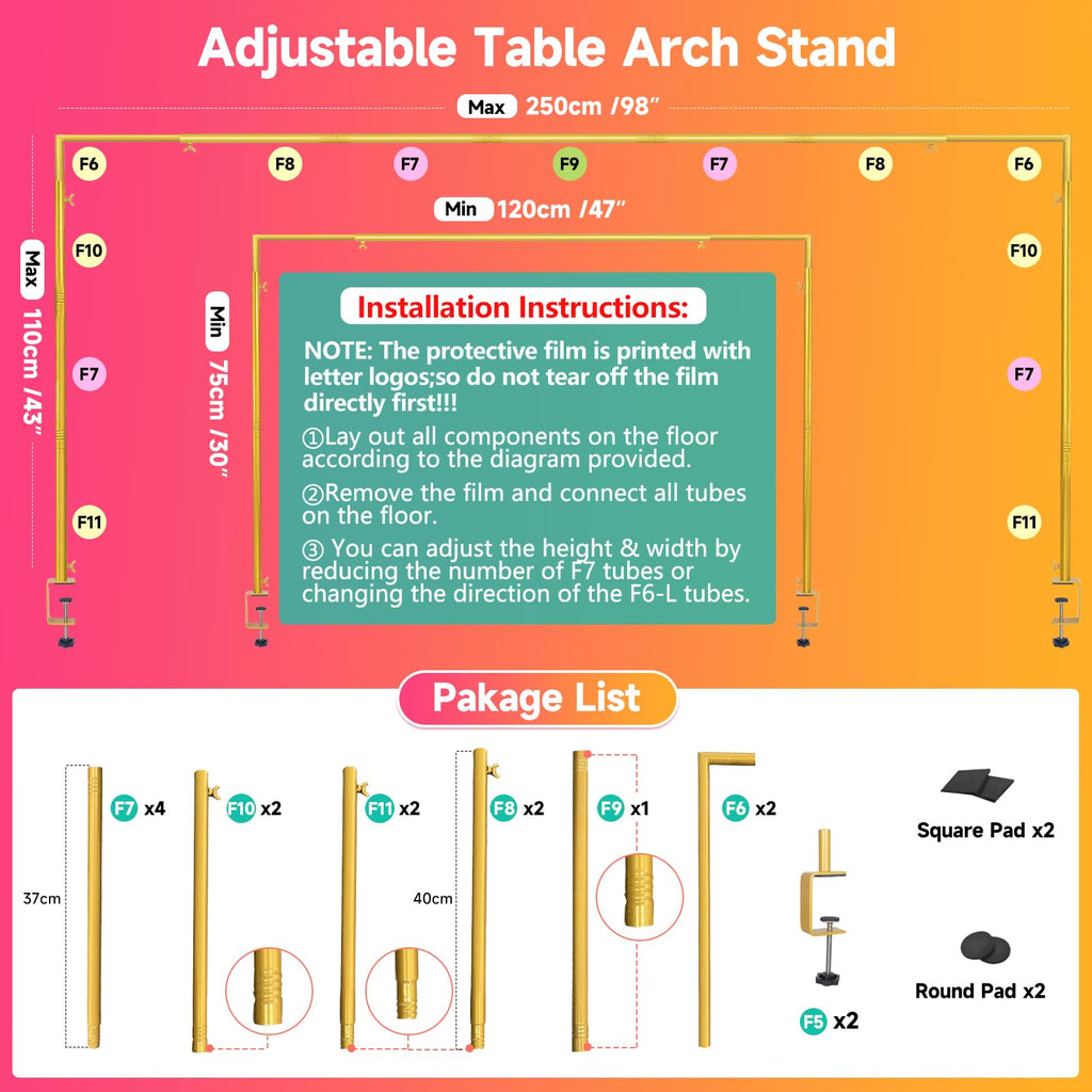 JEBUTU Over The Table Rod Stand with Clamps Adjustable 47"-98" Length 30"-43" Height Gold Table Arch Stand Hanging for Decoration Flowers Display Wedding Birthday Party Halloween Christmas