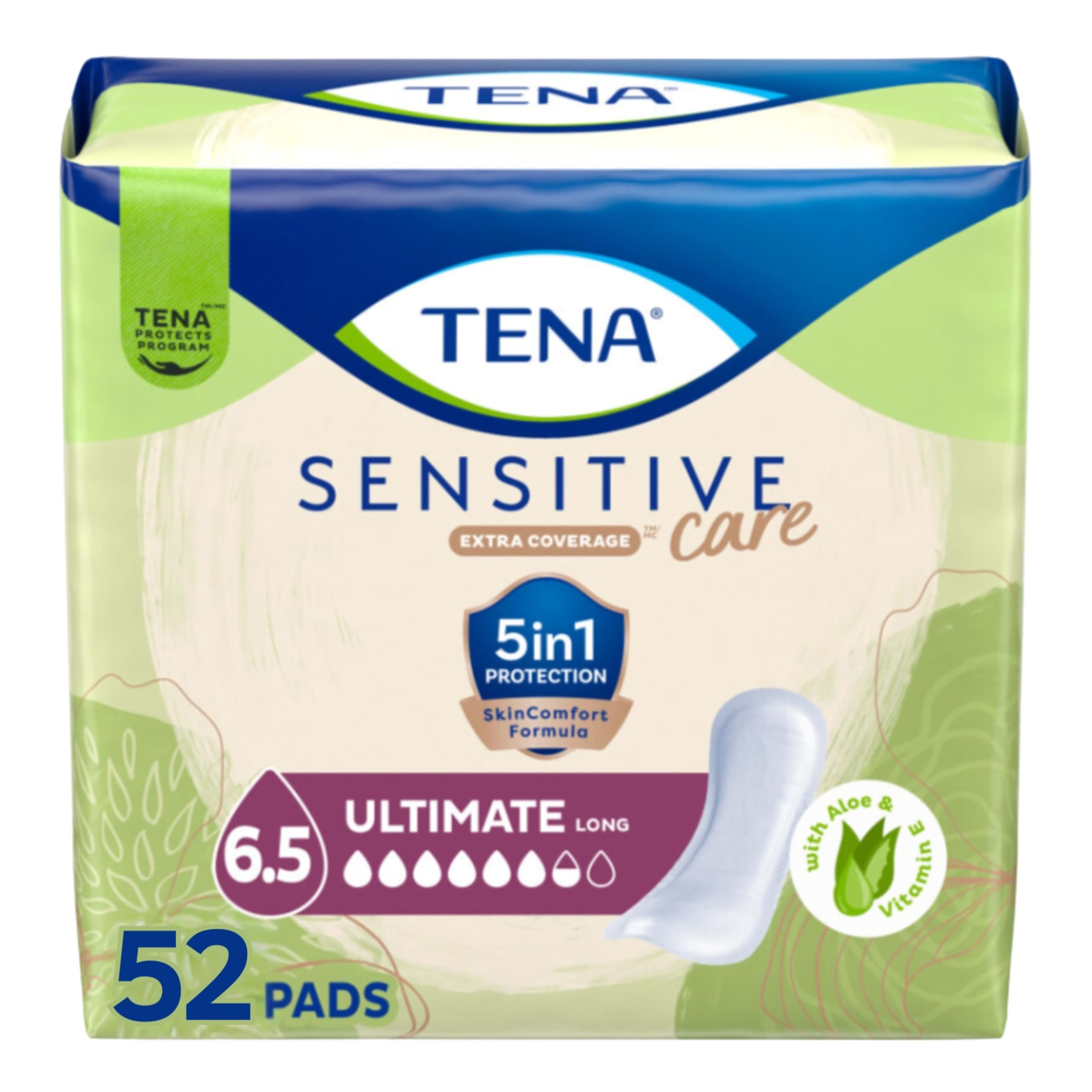 Tena Sensitive Care Incontinence Pads, Postpartum & Bladder Control Pads for Women, Ultimate Absorbency, Extra Coverage, Long, 52 Count