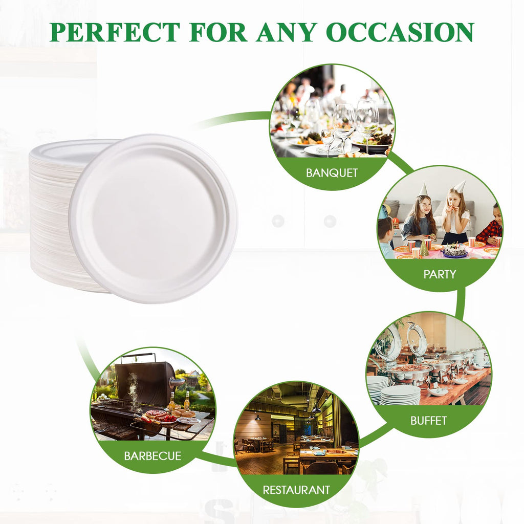 Vplus 150 Pack Paper Plates 9 inch 100% Compostable, Heavy-Duty Disposable Paper Plates Bagasse Natural Biodegradable Eco-Friendly Sugarcane（White）
