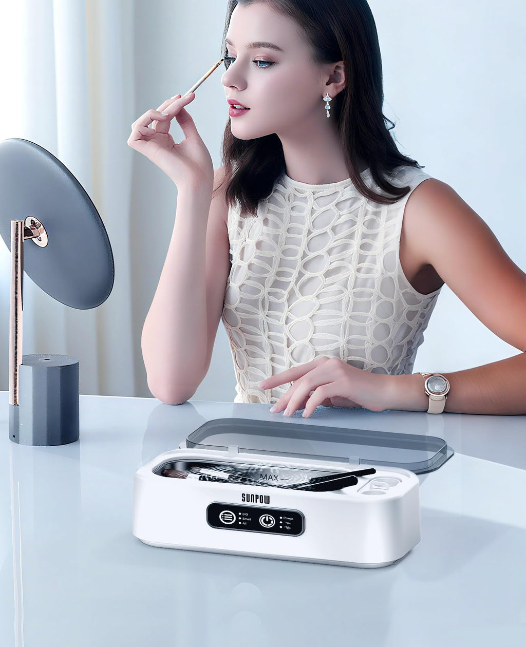 SUNPOW Ultrasonic Jewelry Cleaner Machine– Dual Chambers for Contact Lenses & Jewelry, 45kHz Sonic Cleaner for Silver & Gold, Rings, Earrings, Glasses, Watches, Necklaces – Quiet 45dB, Deep Cleaning