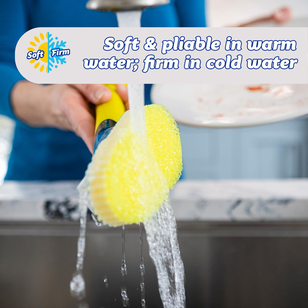 Scrub Daddy Dish Daddy Dish Wand & Connector Head, Soap Dispensing Dish Brush, Texture Changing Washing Up Sponge With Liquid Handle, Dish Sponge with Built-in Scraper, Scrubbing Head & Stand - Yellow