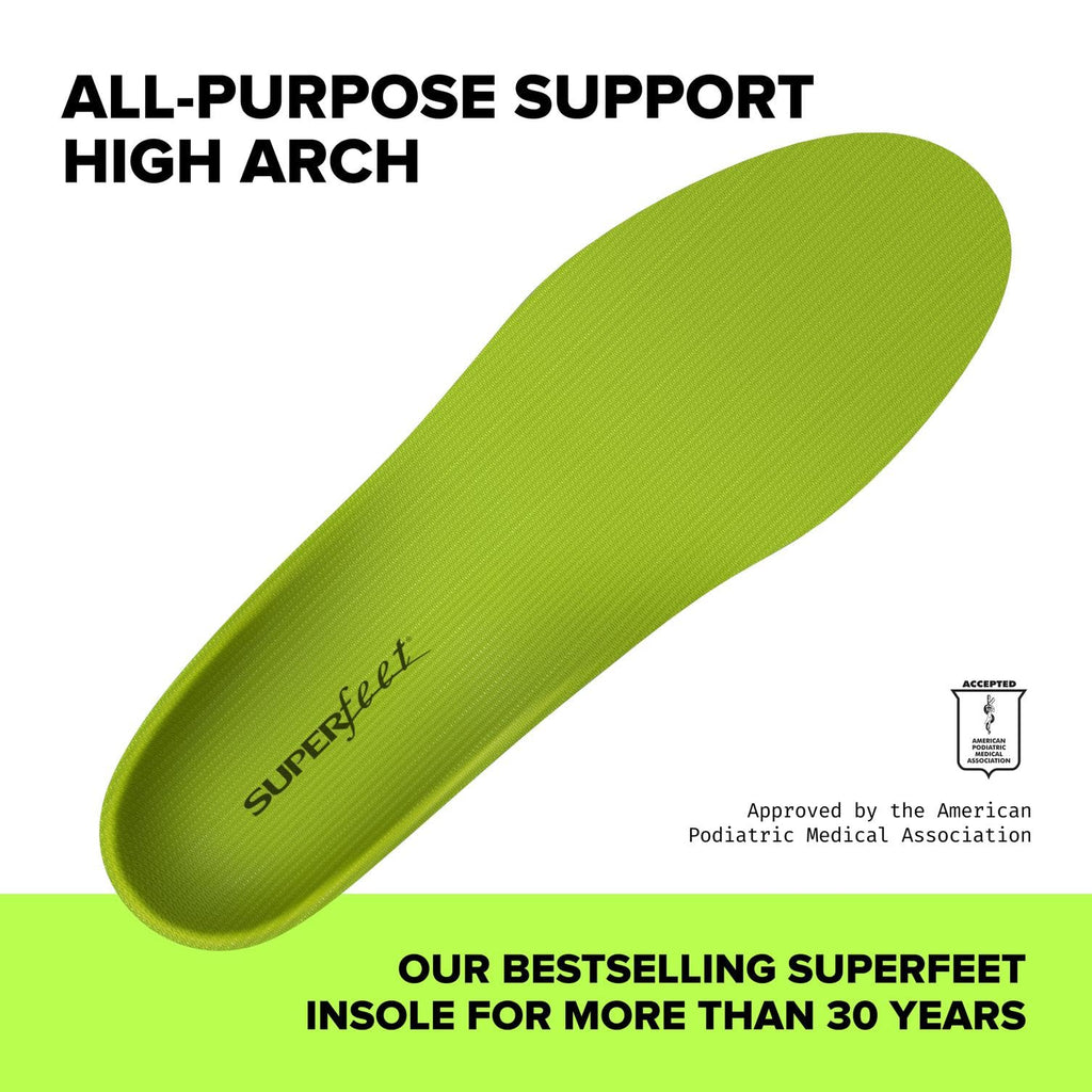 Superfeet All-Purpose Support High Arch Insoles (Green) for Active Lifestyle with High Arch Support - Men 9.5-11 / Women 10.5-12