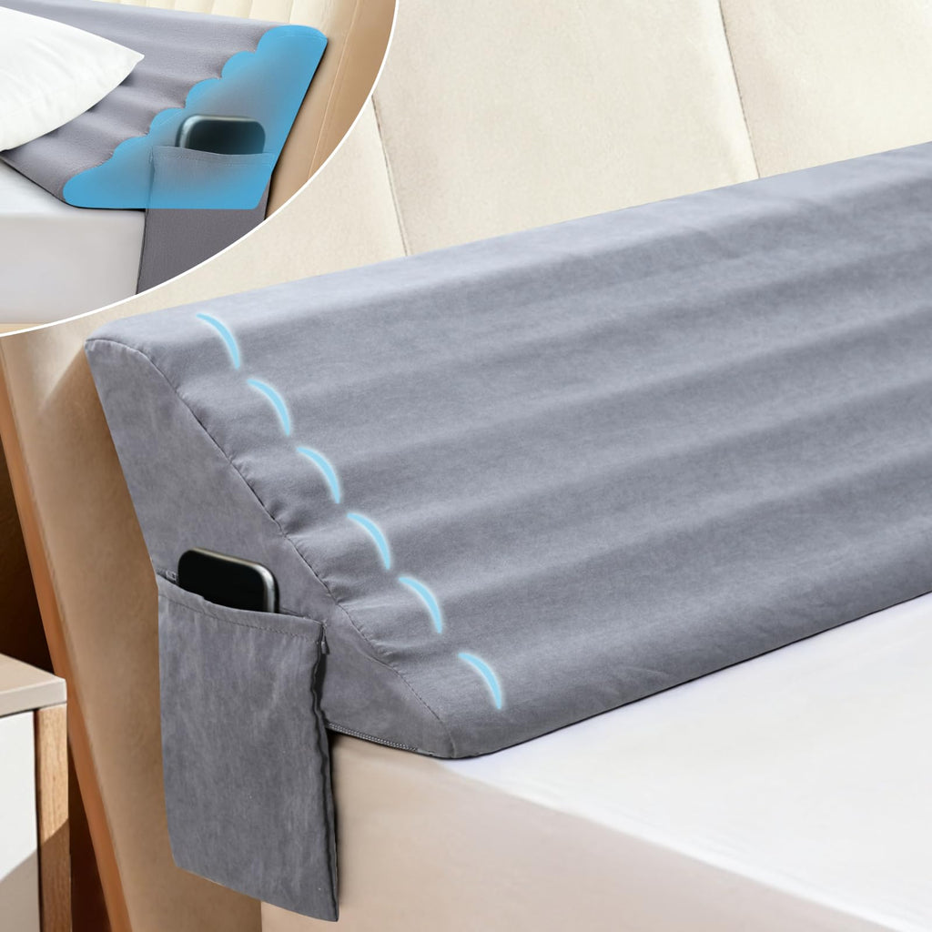 Queen Bed Wedge Pillow for Headboard Gap, Ergonomic Waves Bed Mattress Gap Filler(0-7") with High-Density Foam, Non-slip Bottom, Bed Gap Filler with Large Pockets & Washable Cover, Grey(60"x10"x6")