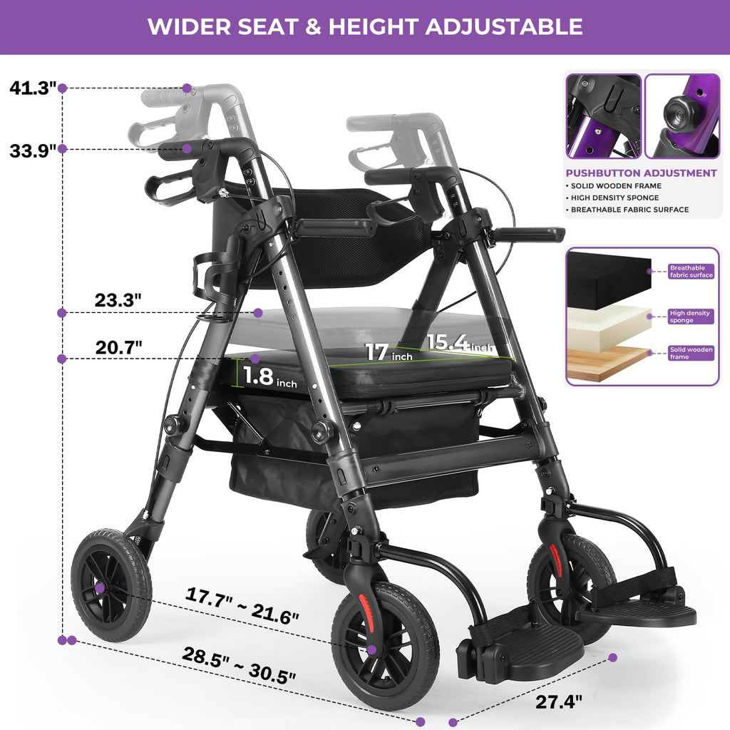 Heavy Duty Rollator Walker for Seniors with Seat, Foldable 2 in 1 Rolling Walkers Wheelchair Combo for Adult, All Terrain Wheels, Adjustable Transport Chair with Brake, 450 lb. Weight Capacity, Grey