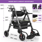 Heavy Duty Rollator Walker for Seniors with Seat, Foldable 2 in 1 Rolling Walkers Wheelchair Combo for Adult, All Terrain Wheels, Adjustable Transport Chair with Brake, 450 lb. Weight Capacity, Grey