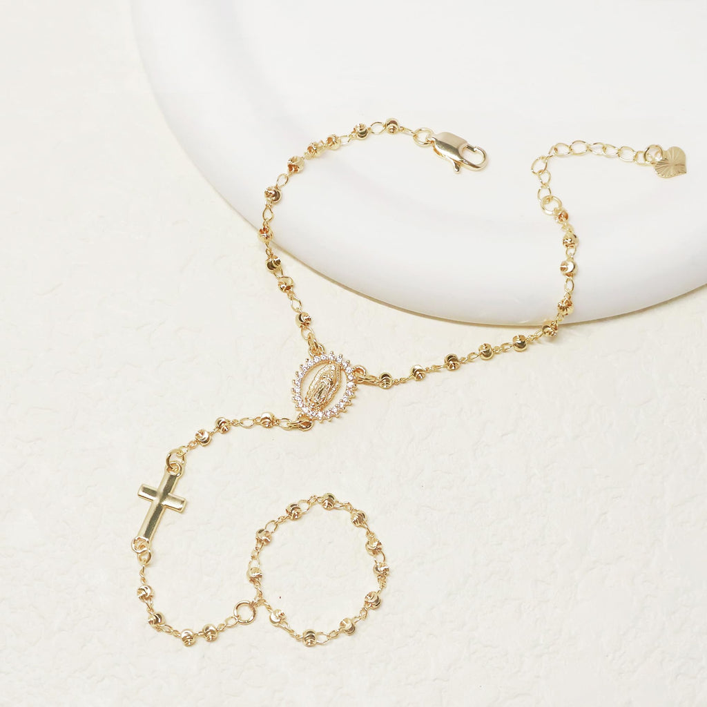Gold Rosary Hand Chain Bracelet - 14K Gold Plated Virgin Mary Cross Ring Bracelets,Dainty Non Tarnish Golden Hand Chains Rosarios Catolicos Jewelry,Religious Rosary Beads Hand Bracelet Gift for Women