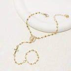 Gold Rosary Hand Chain Bracelet - 14K Gold Plated Virgin Mary Cross Ring Bracelets,Dainty Non Tarnish Golden Hand Chains Rosarios Catolicos Jewelry,Religious Rosary Beads Hand Bracelet Gift for Women