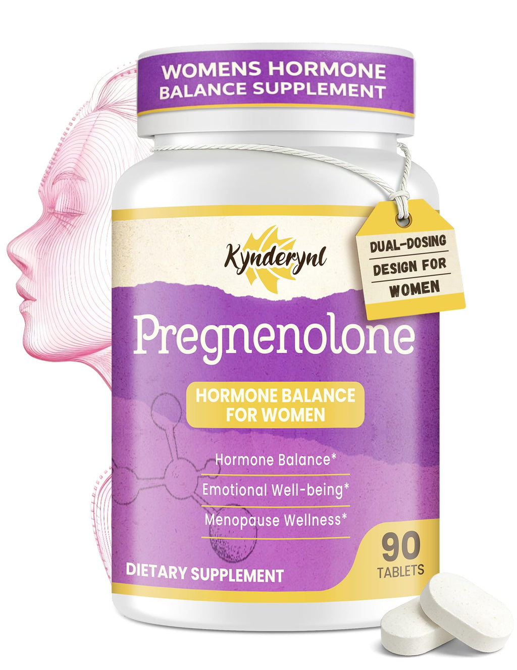 Kynderynl Pregnenolone with Ashwagandha for Women, Pregnenolone 100mg (2 Tablets) or 50mg (1 Tablet) Dose, 8-in-1 Formula with DHEA, Black Cohosh, Dual-Dosing, Vegan, Gluten Free, 90 Chewable Tablets