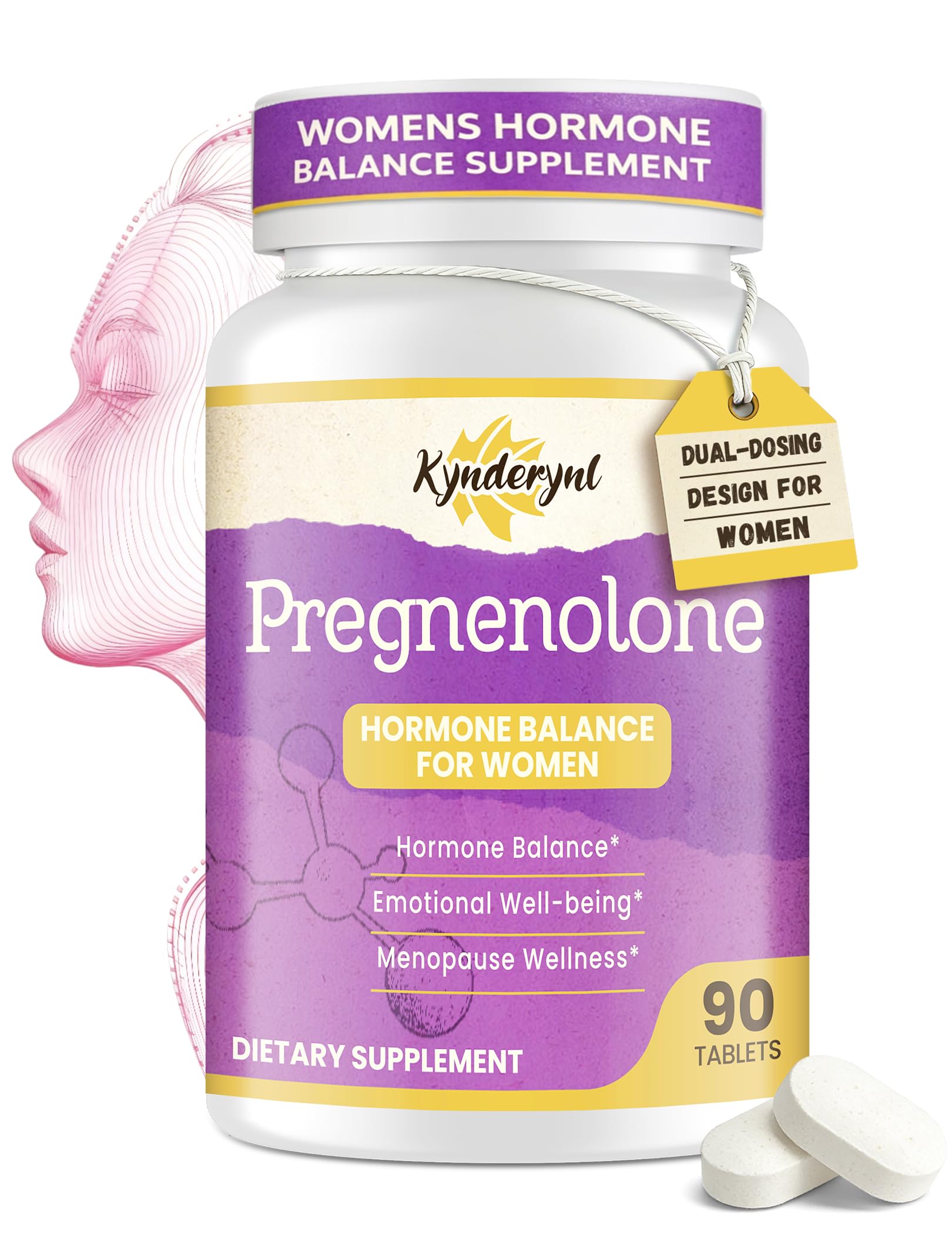 Kynderynl Pregnenolone with Ashwagandha for Women, Pregnenolone 100mg (2 Tablets) or 50mg (1 Tablet) Dose, 8-in-1 Formula with DHEA, Black Cohosh, Dual-Dosing, Vegan, Gluten Free, 90 Chewable Tablets